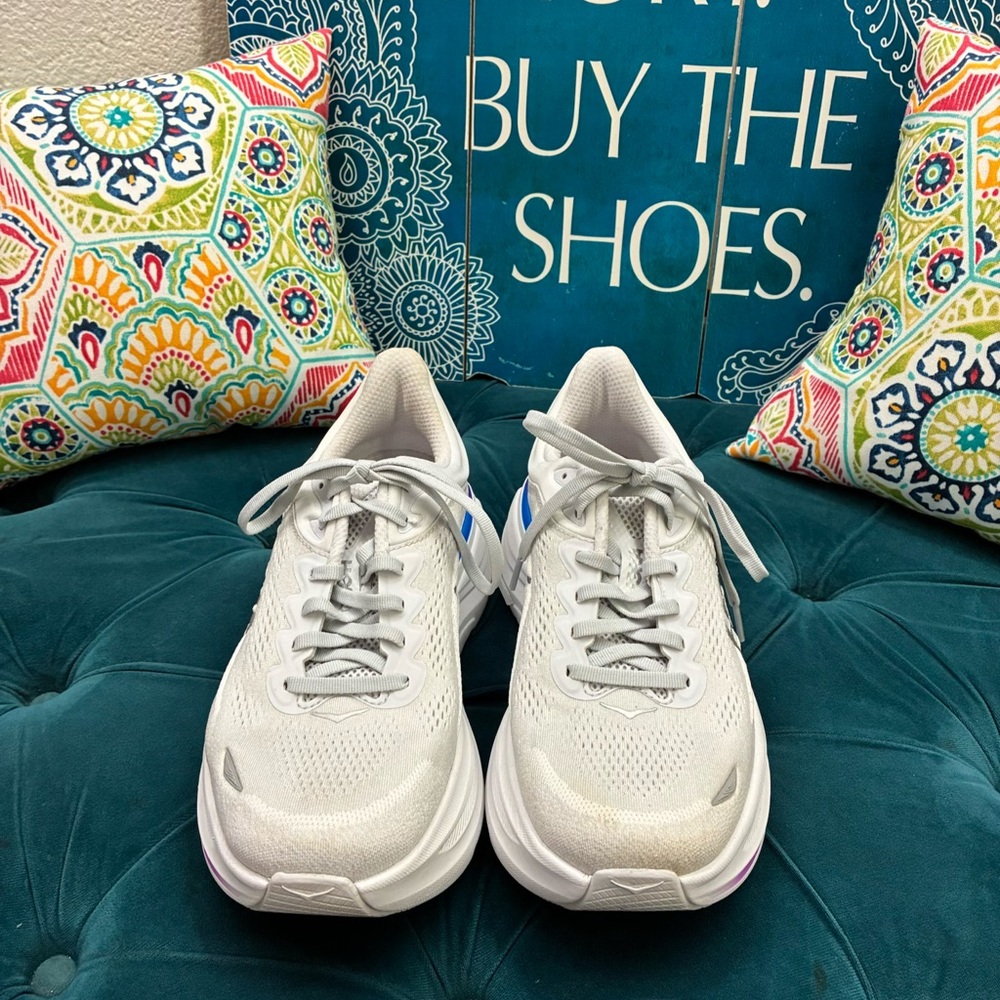 Hoka Women's Gray Running Shoes with Blue and Purple Accents - Picture 2 of 4
